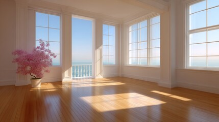 Fototapeta premium Bright and airy interior with large windows, wooden floors, and a potted cherry blossom, offering a serene view of the ocean.