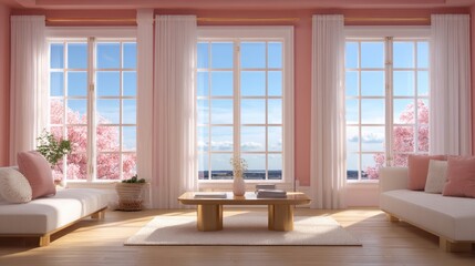 Fototapeta premium Bright, modern living room with large windows showcasing a scenic view and soft pastel decor, creating a warm and inviting atmosphere.