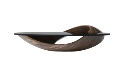 Sleek, dark wood coffee table with a continuous, flowing, sculpted form supporting a flat, dark grey top