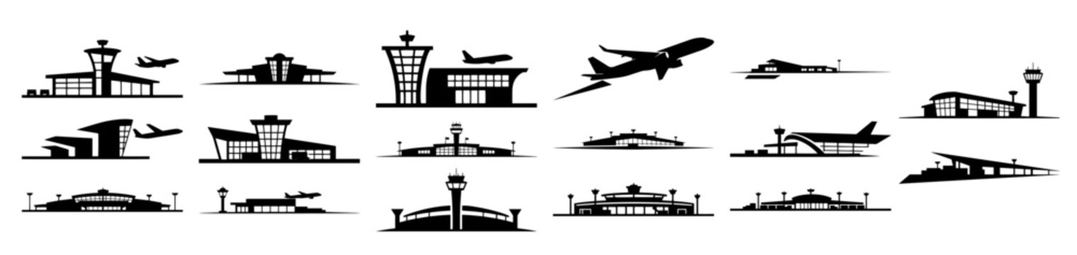 airport buildings and airplane icons collection black silhouette shape vector
