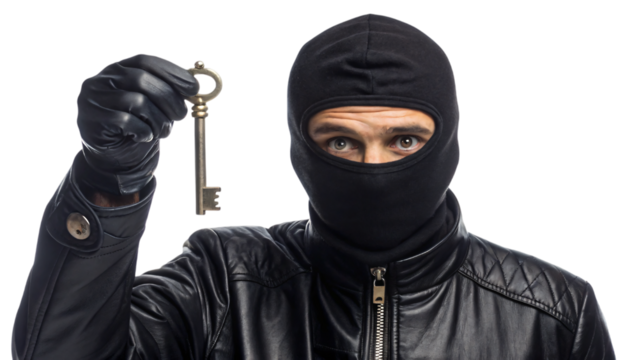 Masked criminal with a key committing robbery
