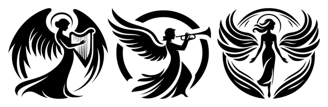 set of angel silhouettes playing musical instruments vector shapes black engraving laser cutting