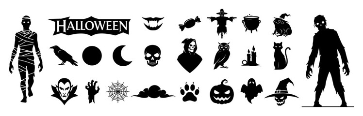 halloween elements collection silhouette vector shape black engraving laser cutting
