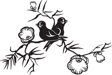 Vector decorative birds and branches design in Japanese style, typical for Asian cultural tradition. Black and white ready-to-cut graphics.