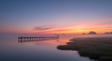 Obraz premium Serene Sunrise over Misty Lake with Wooden Pier and Pavilion