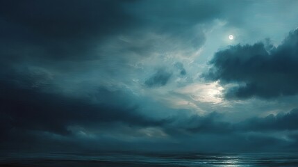 Fototapeta premium Night seascape with moonlight shining through dramatic clouds over ocean for background wallpaper image