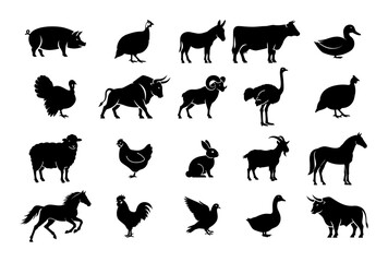 farm animals and birds collection black silhouette shape vector
