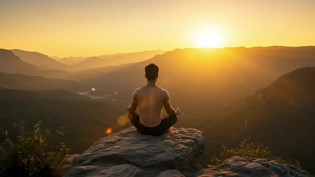 Meditative person sitting on mountaintop at sunset