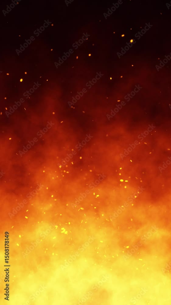 Canvas Prints loop artistic fire flames with flying sparks on vertical background.