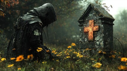 Mourning Figure at Cross Grave