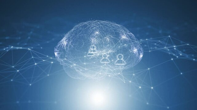 Digital technology human brain and flicker network lines with people icons loop motion.