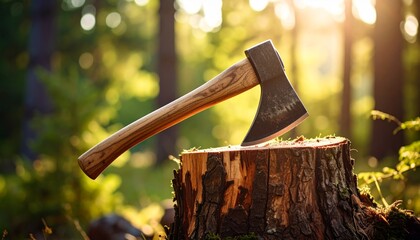 Photo of an Axe on a tree stump with a blurred background
