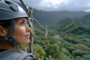 Woman experiencing a zip line adventure in lush green mountains of Hawaii during daytime