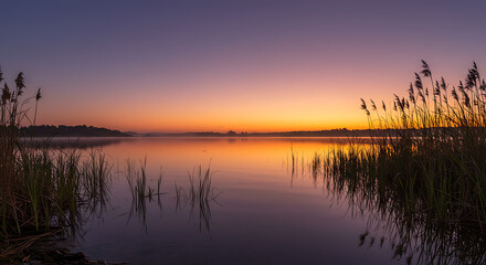 Obraz premium Serene Sunrise over Calm Lake with Reeds Misty Morning Golden Hour Landscape