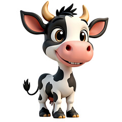 A cartoon cow with black and white spots stands smiling with a transparent background showing its features