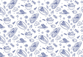 A seamless pattern featuring various food ingredients. Doodle style artwork provides a charming and artistic presentation for food themed designs.