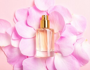 Elegant perfume bottle surrounded by soft pink rose petals on a pastel background
