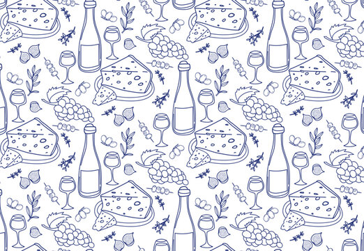 A seamless pattern illustration featuring cheese, wine bottles, glasses, grapes, and figs, creating a culinary-themed design. Ideal for use in food-related projects or decor.