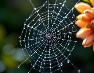 Captivating spider web with dew drops natural setting macro photography vibrant colors close-up nature's beauty
