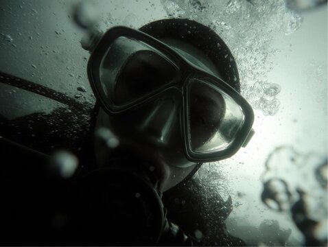 Diver ascends in ocean water, exhaling bubbles while wearing a mask and wetsuit during scuba diving activity - Powered by Adobe
