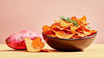 Crispy golden-orange sweet potato chips in a rustic bowl with fresh sweet potatoes nearby
