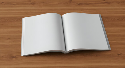 Open blank book resting on a wooden surface. Empty pages showcasing potential for design/branding on a polished light-brown wooden tabletop.