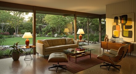 Fototapeta premium Spacious modern home living room interior design with garden view