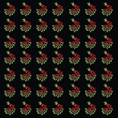 Red and green floral pattern on black background