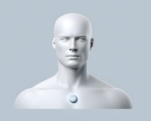 Minimalist futuristic portrait of a sleek android with smooth white ceramic skin and a glowing AI core visible in the chest, set against a sterile, high-tech environment, ultra-clean aesthetic,
