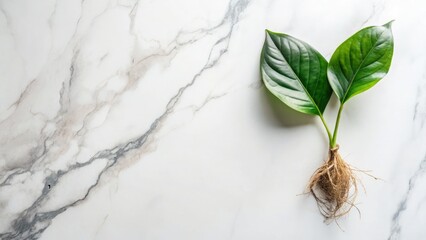Flat Lay Leaf Roots Photography: Soft Feminine Marble Background, Copy Space Design