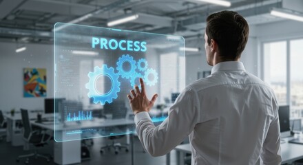 Process improvement strategy with virtual gear interface in modern office workspace for business automation and digital workflow optimisation