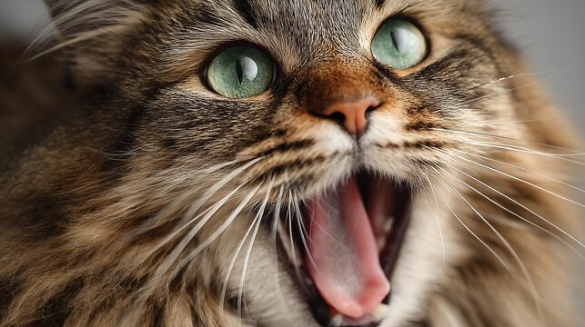 Close up of a yawning cat with green eyes and brown fur perfect for cat lovers and pet enthusiasts alike