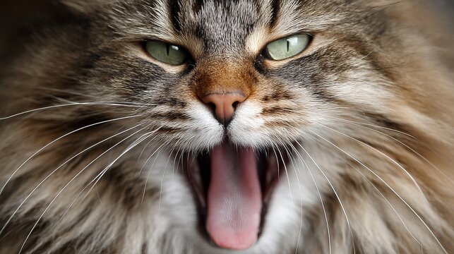 Close up of yawning cat face with green eyes and long whiskers perfect for pet lovers and animal blogs
