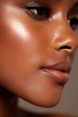 Obraz premium Glowing tan face with smooth skin texture and natural makeup highlighting cheekbone and lips