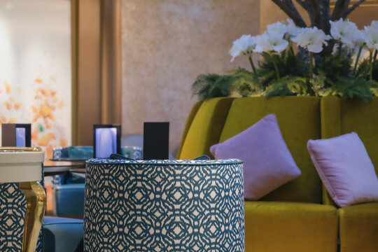 Cozy living room atmosphere inside cafe caf&eacute; coffee shop bar lounge bistro onboard luxury cruiseship cruise ship liner in contemporary Art Deco interior design