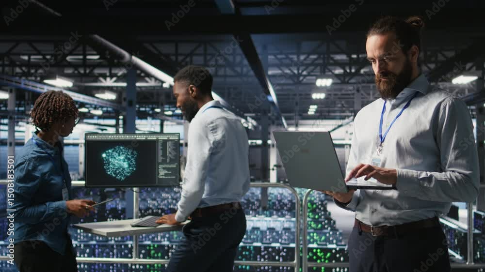 Poster computer scientists on data center industrial platform analyzing performance outputs on laptop. serv