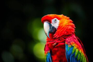 Naklejka premium Stunning Scarlet Macaw Perched on a Tree Branch, Showcasing Its Vibrant Red, Yellow, and Blue Plumage in a Tropical Paradise, Vibrant Wallpaper