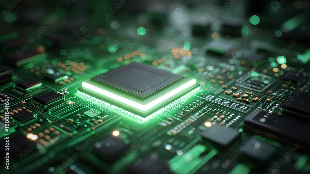 Wall mural stock photo of green glowing computer chip motherboard cpu processor technology electronics hardware