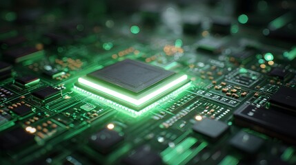 Stock photo of green glowing computer chip motherboard cpu processor technology electronics hardware system 100
