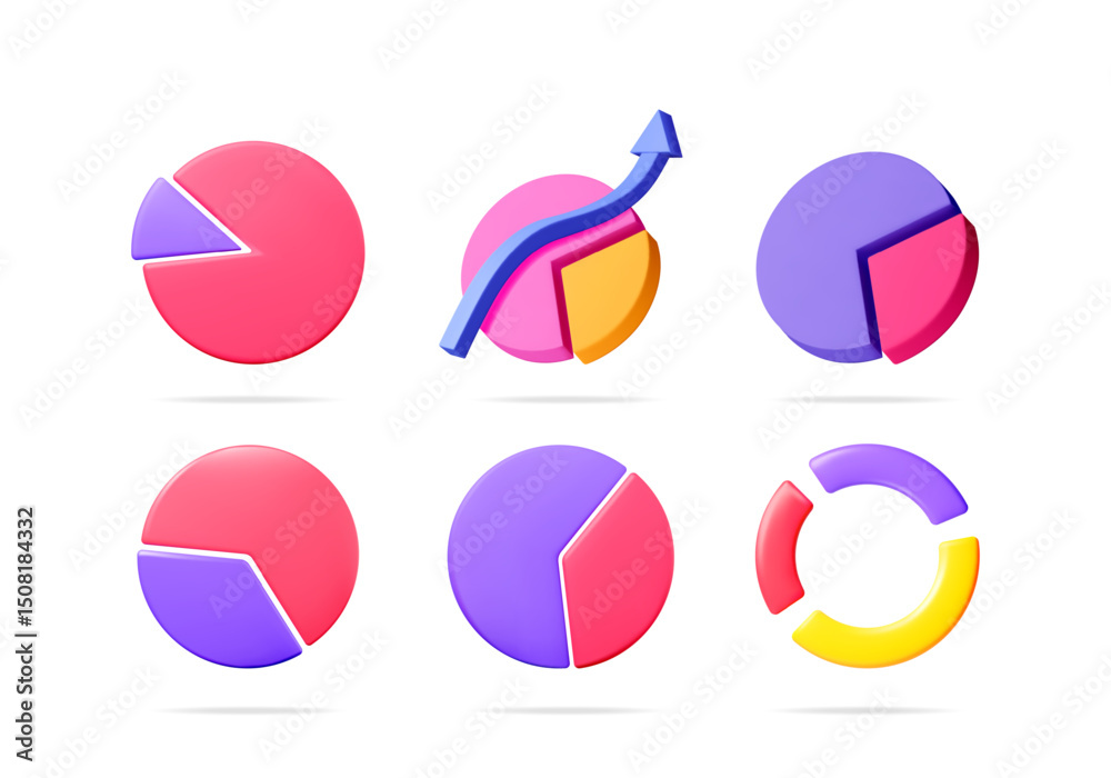 Poster 3d vector illustration set of colorful pie charts with one showing an increasing arrow for business 