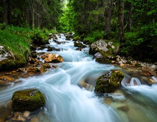 Obraz premium Fast-flowing stream through lush green forest, rocks and moss visible