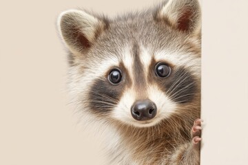 Fototapeta premium Adorable raccoon peeking around a corner with curious expression, showcasing its distinctive facial markings and fluffy fur, creating a playful and engaging atmosphere