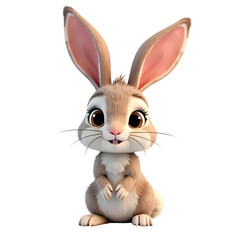 A cartoon rabbit with big eyes and long ears standing upright on a black background looking at the viewer
