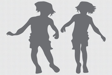 Silhouettes of joyful children playing, walking, and having fun. A vector illustration showing happy boys and girls in active poses. Perfect for childhood, youth, and playful Transparent bg EPS 10