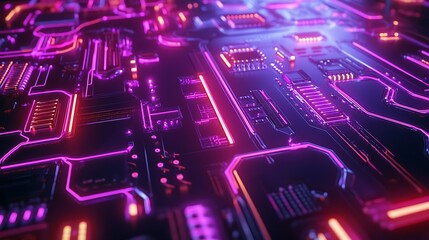 Close-up view of a circuit board with vibrant neon lighting.