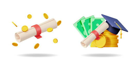 Diploma with floating coins and a graduation cap with money and stacked coins. Education cost and scholarship concept, a 3d vector illustration set for finance.