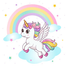 Cute unicorn on a rainbow background. A postcard; a banner. Vector illustration