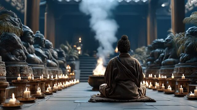 Buddhist meditation in ancient temple