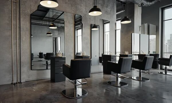 Modern salon interior featuring sleek styling chairs and mirrors with city skyline backdrop