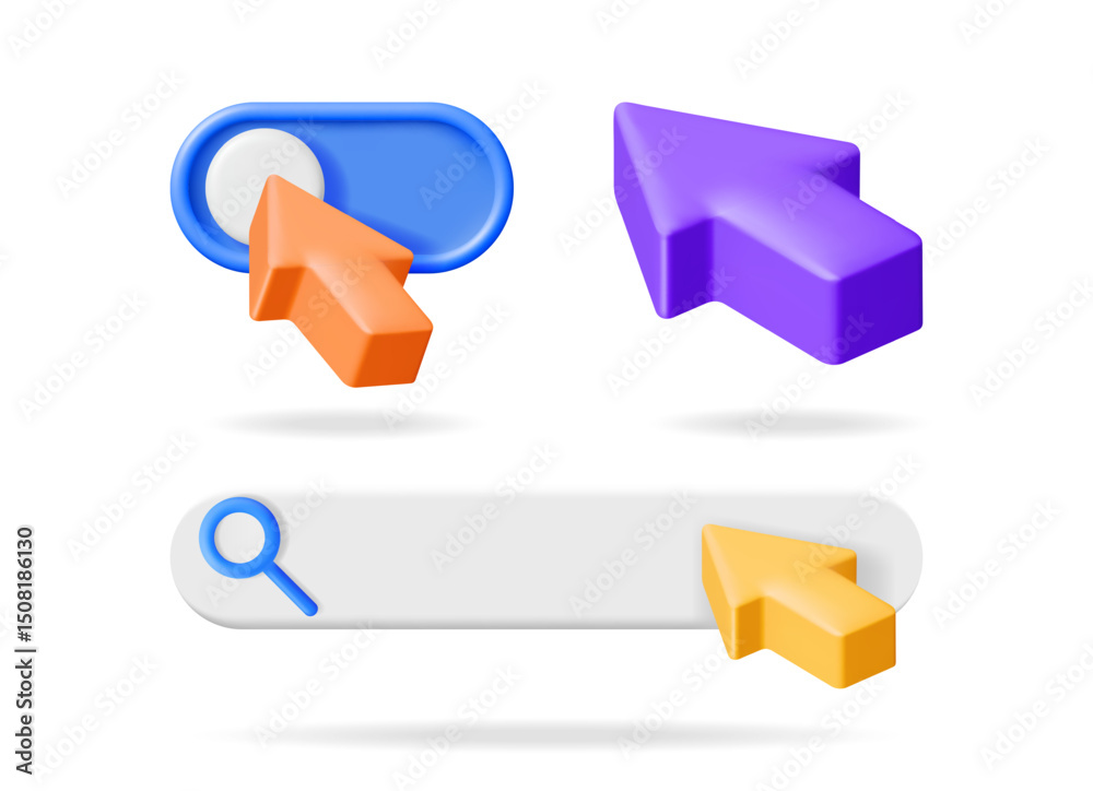 Aufkleber a 3d vector illustration set of a slider with a cursor, a standalone cursor, and a search bar with a